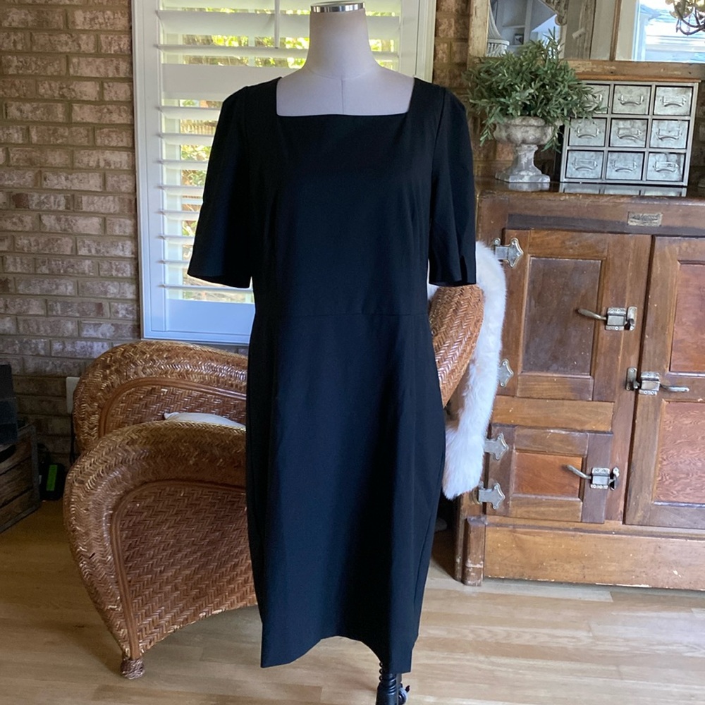ANN TAYLOR SQUARE NECK SHORT SLEEVE BLACK DRESS 14 NEW